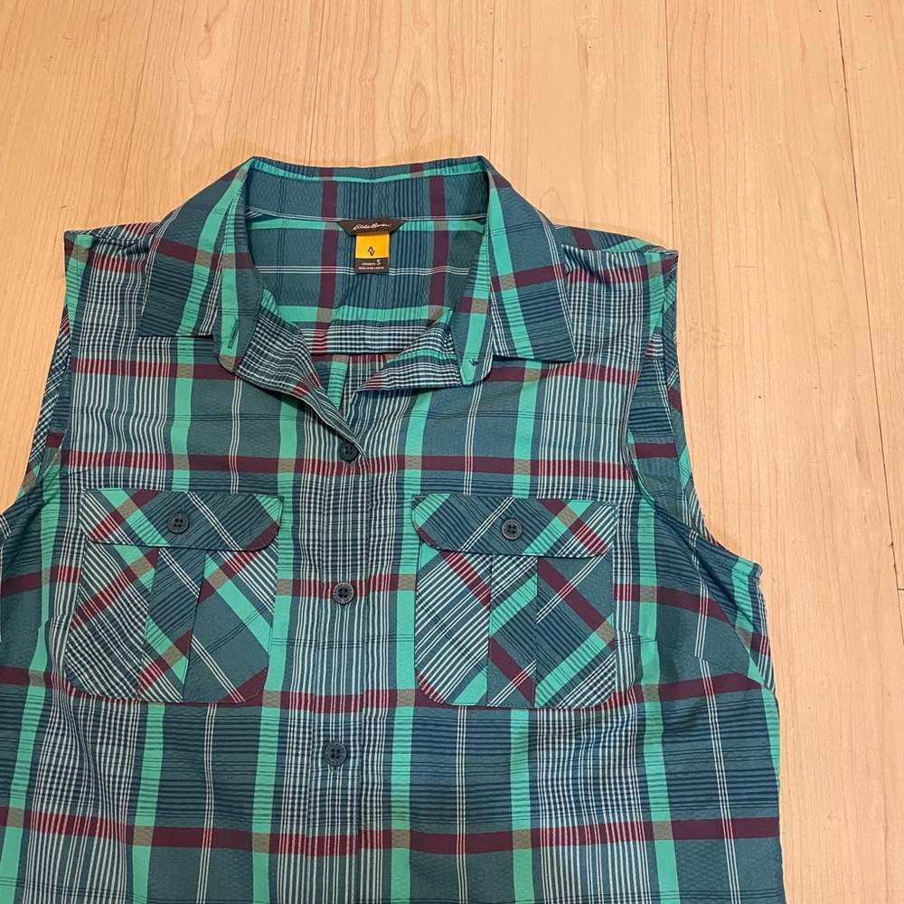 Eddie Bauer Turquoise and Navy Plaid Top Sleeveless Collar Pocket Women Size S - Picture 4 of 13